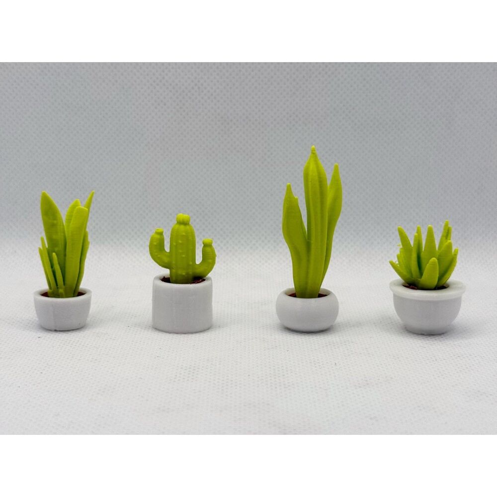1:12 Dollhouse Miniature Bright Green Succulent Plants White Pots Set of 4